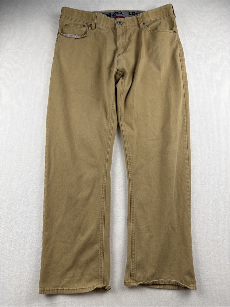 Iron Co 36×30 Chino Khaki Pants Elastic Waist Zip Button 5 Pocket Flat Front Tan