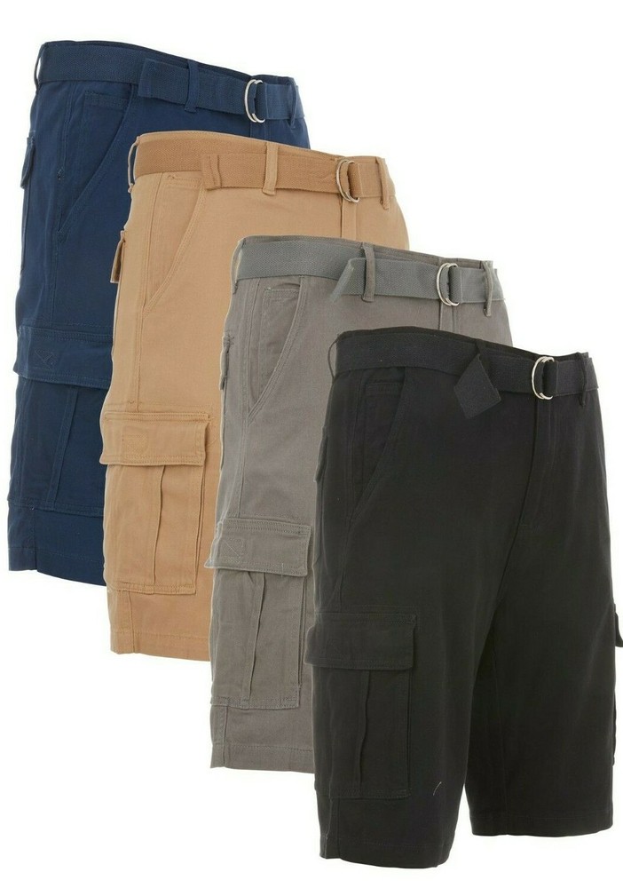Men’s Cargo Shorts Stretch Lightweight Cotton Twill Multi Pockets Belted Short