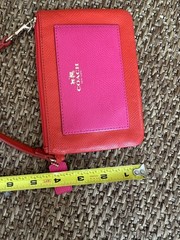 Coach F53142 Colorblock Saffiano Leather Wristlet Zip Pouch Coin Purse Red Pink