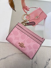 COACH CW870 Mini Skinny Id Case In Signature Canvas Card Pink Wallet With Box