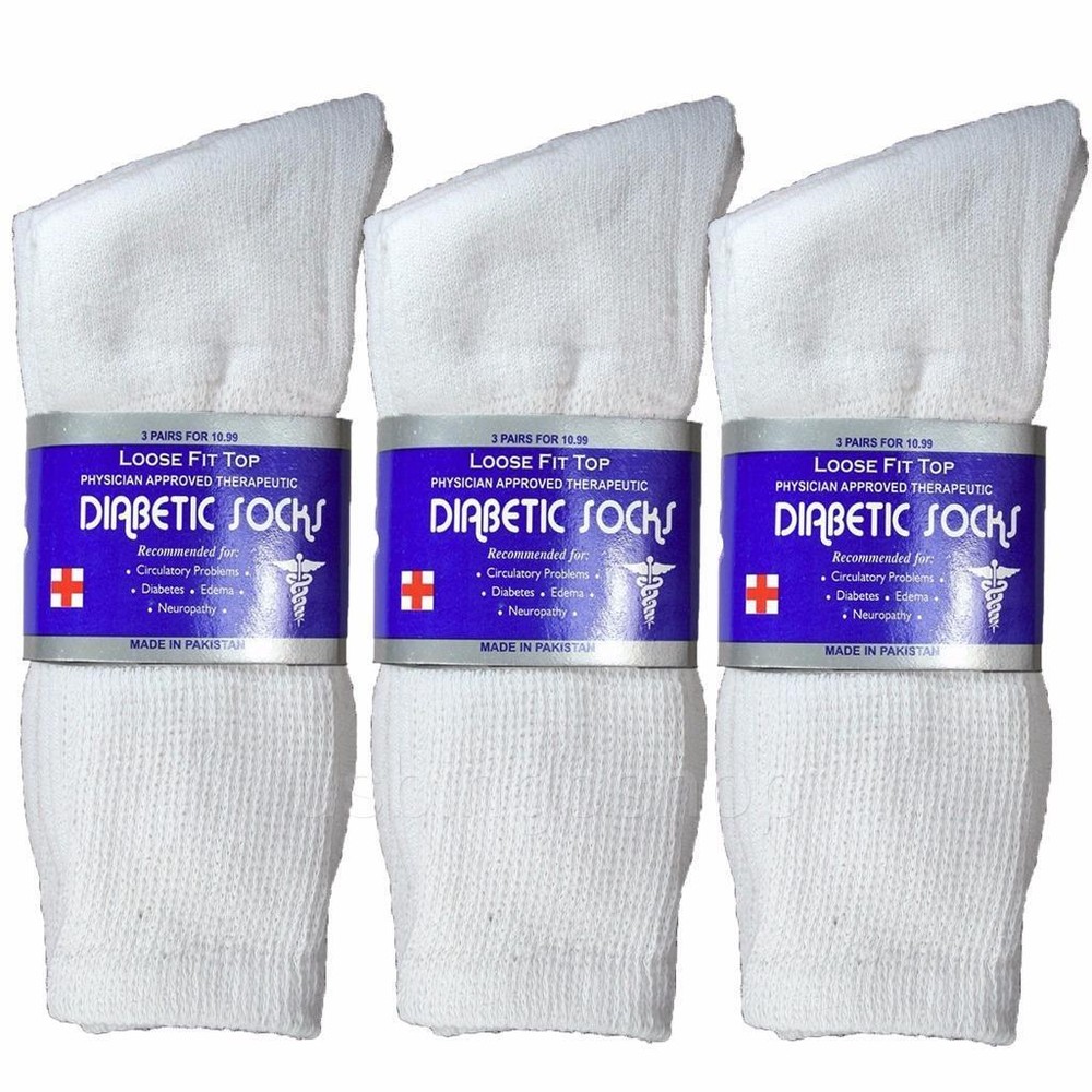3 Pairs White Men Loose Fit Top Circulatory Diabetic Crew Socks Cotton 10-13