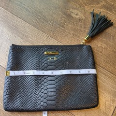 GiGi New York Black Python Embossed Leather Tassel Clutch Monogram JCB