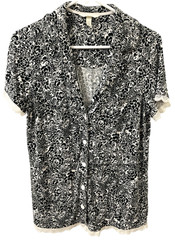 SOMA PJ Pajama Top Medium M Short Sleeve Button Up Shirt Black White Floral