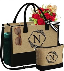 N Initial Jute Beach Tote & Makeup Bag with Zipper Adjustable Strap New