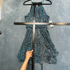 City Studio Fit & Flare Dress Womens XL Teal Black Metallic Ruffled Sash Halter