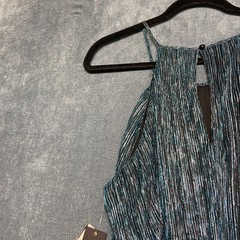 City Studio Fit & Flare Dress Womens XL Teal Black Metallic Ruffled Sash Halter