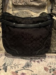 Coach Signature Black Logo Shoulder Bag Small w/ Zip, Pockets, Charm, Gold