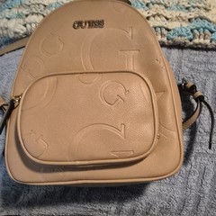 GUESS Women’s Beige Logo Mini Backpack Zip Closure, Adjustable Straps Pockets