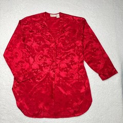 Victoria Secret Sleep Shirt Medium Red Satin Damask Gold Label Embroidered Logo