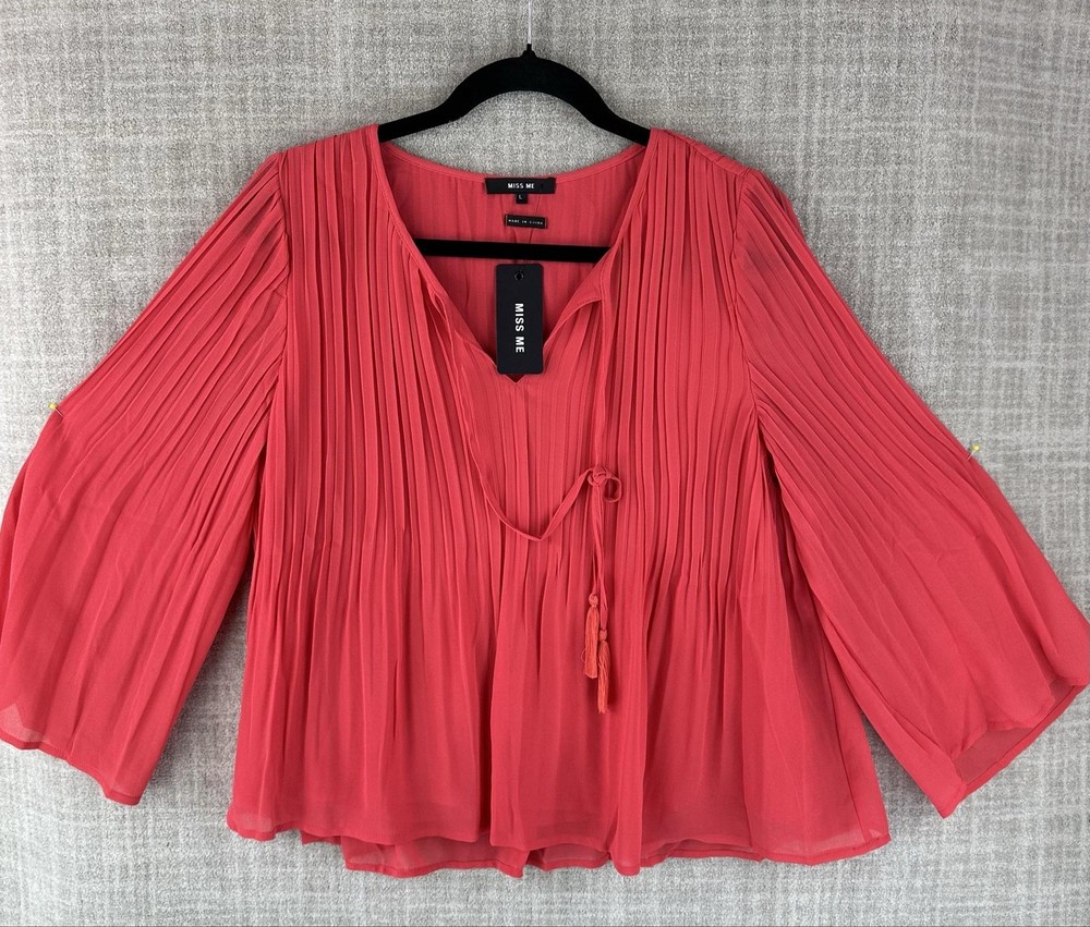 Miss Me Blouse Womens L Cherry Red Tunic V-Neck Bell Sleeve Pleated Tasseled