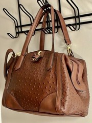 Women’s Brown Ostrich Pattern Satchel Top Handle Bag, Detachable Strap, Zip