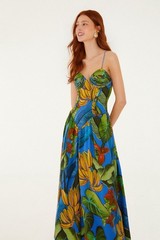 Farm Rio Blue Banana Grapes 3d Bodice Sleeveless Maxi Dress M