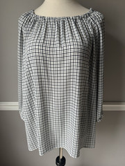 Talbots Woman 2X Plus Black & White Plaid Scoop Neck 3/4 Sleeve Blouse