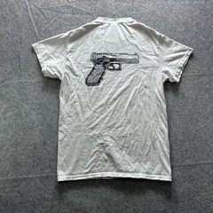 Gildan Shirt Mens Small Beige Photo Man Money Graphic Tee Gun Back Double Sided