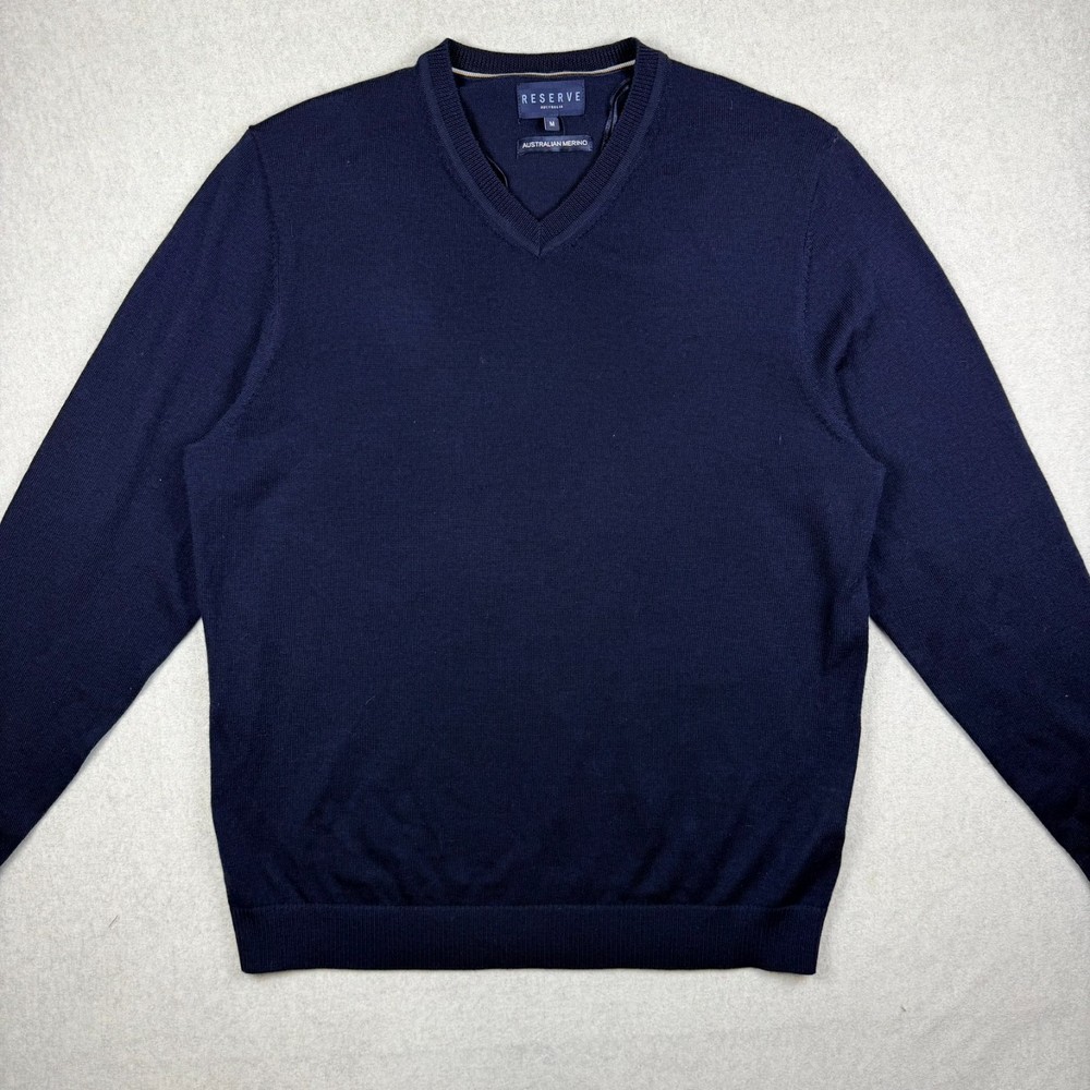 Reserve Australia Merino Wool Jumper Mens M Navy V Neck Knit Sweater Pure Wool
