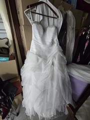 White Sweetheart Strapless Ball Gown Wedding Dress, Beaded Ruching Ruffles