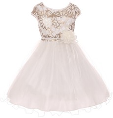 Ivory Gold SZ 12 14 Cap Sleeve Sequin Tulle Special Occasion Flower Girl Dress