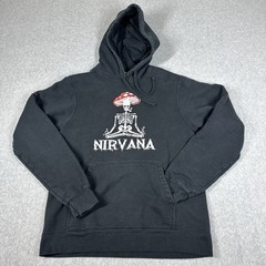 Nirvana Mushroom Head Skeleton Drawstring Hoodie Unisex Size M Black Grunge Art