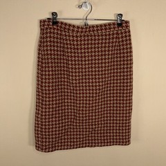 SIZE 10 VINTAGE A GIANNETTI WOOL SKIRT HOUNDSTOOTH BEIGE RED ACADEMIA
