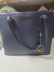 Michael kors leather shoulder bag jet set travel tote top zip blue and gold