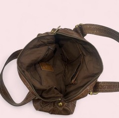Fossil Brown Patent Satchel Top Handle Bag Zip Closure Pockets Gold Hardware