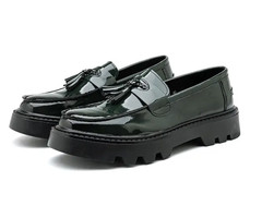 Fringe Men Platform Patent Leather Slip on Loafers Tassel Thick Sole Dress Shoes