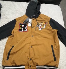 Reason Men’s Hooded Varsity Jacket Brown/Black XL Snap Front Logo Pockets