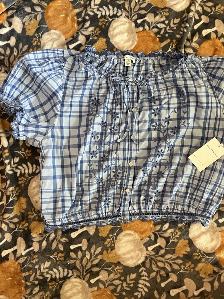 Free Assembly Women’s XL Blue White Plaid Off Shoulder Embroidered Crop Blouse