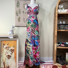 Y2k Cache Satin Beaded Sequin Open Back Formal Train Dress Fairy McBling Sexy 2