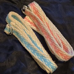 SET 2 Woven Belts sz 14 Adjustable Striped Blue Pink Double D Rings Poly Cotton