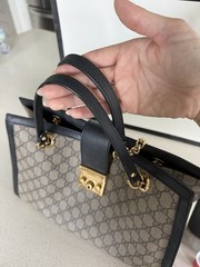 Gucci GG Padlock Medium Top Handle Bag Beige Black Gold Lock Chain Strap