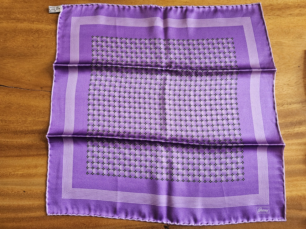 Brioni Silk Pocket Square Purple and Black Medallion Made in Italy Luxury