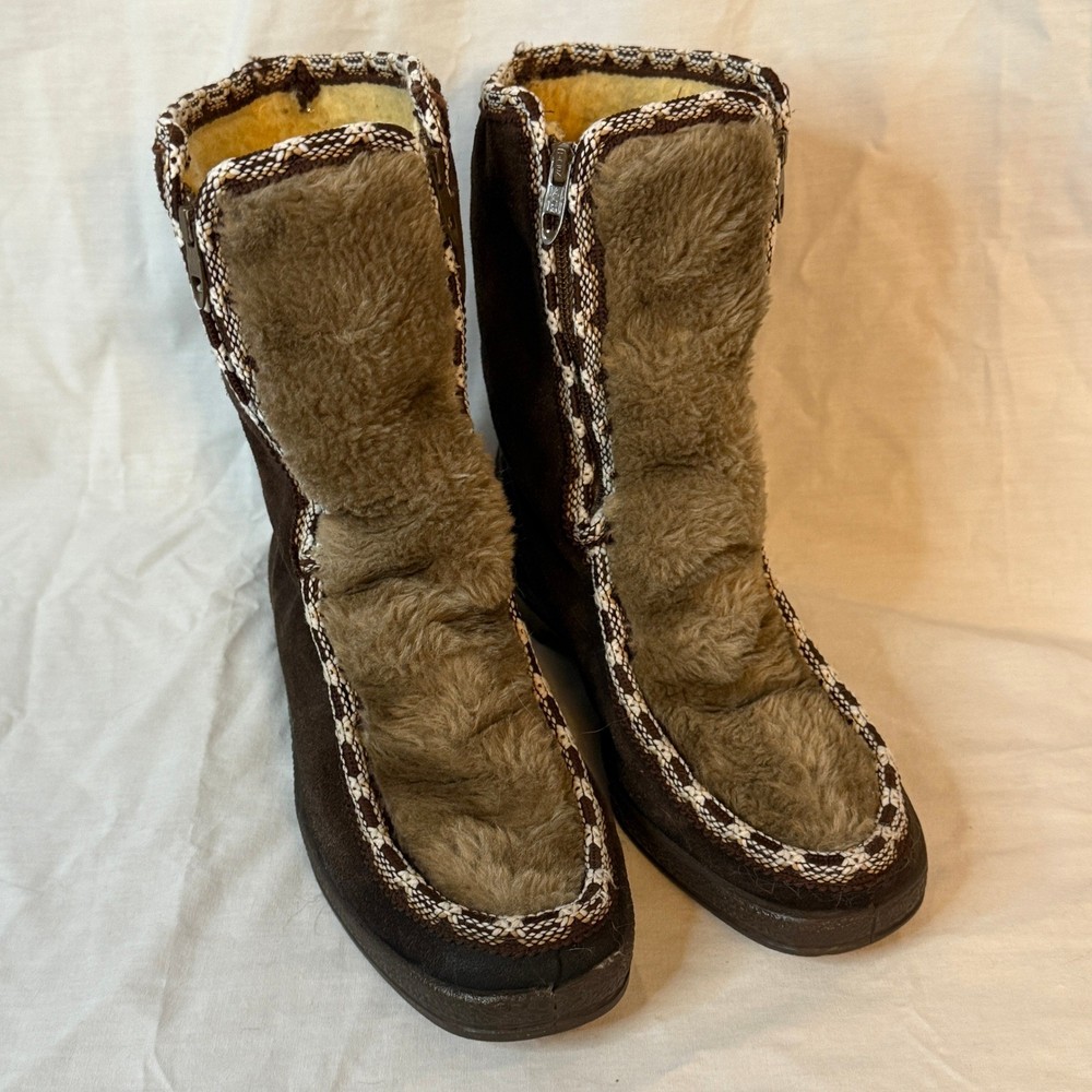 Vtg Quoddy Women’s Boot Sz 7 Shearling Lined Faux Fur Moccasin Brown Tan Snow