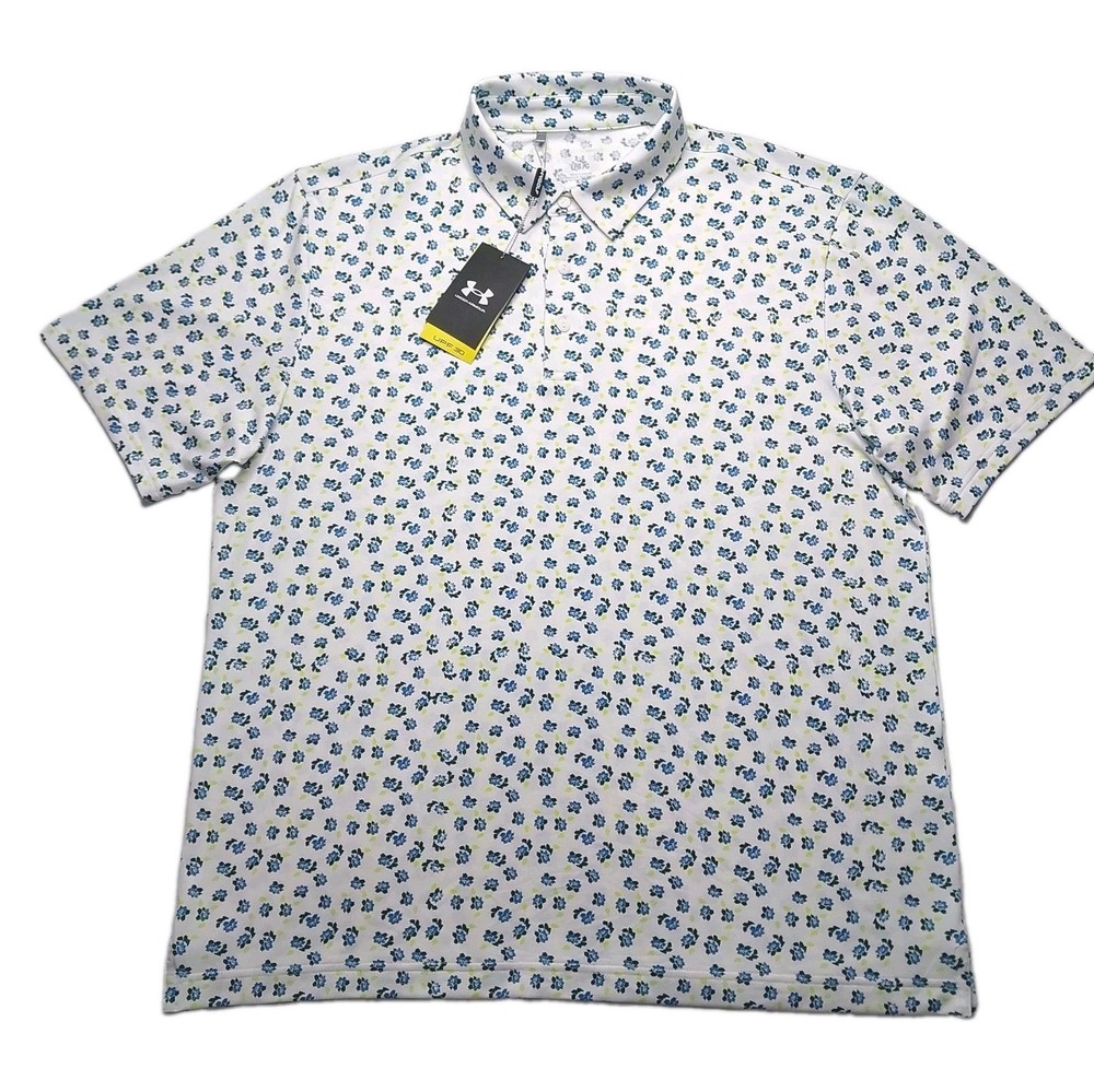 Under Armour Polo Shirt Men Large UPF 30 Anti Odor Golf Performance White Floral