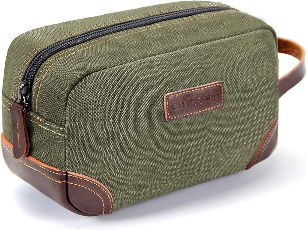 Men’s Leather and Canvas Travel Toiletry Dopp Kit, Shaving Bag (Dark Green)
