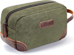 Men’s Leather and Canvas Travel Toiletry Dopp Kit, Shaving Bag (Dark Green)