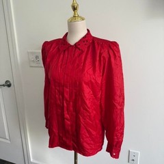 Vintage Karen Scott Red Satin Blouse Crochet Lace Collar Puff Sleeve Size 6