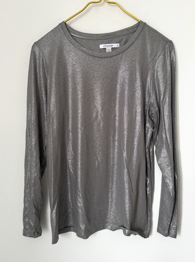 Chico’s Touch Of Cool Silver Foil Metallic Long Sleeve T-Shirt Sz 1 (US Medium)