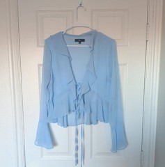 Lulus Blue Chiffon Semi-Sheer Ruffle V-Neck Tie-Front Bell Sleeve Blouse L