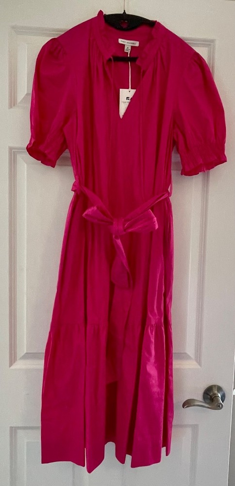 NWT Free Assembly Hot Pink Ruffle Neck Midi Dress Puff Sleeves w/ POCKETS Size M
