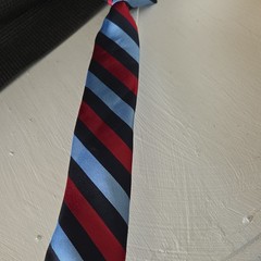 George Men’s Pretied Clip-On Tie Polyester Woven Blue/Red/Black Striped