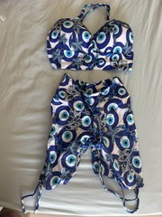 Blue/White Geometric 2-Pc Set B Cup Adjustable Spaghetti Strap Boyshort