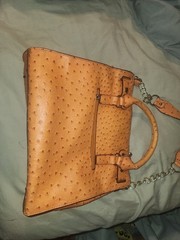 Women’s Tan Ostrich Embossed Satchel Top Handle Bag Chain Strap Turn Lock Zip