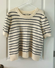 St. John’s Bay Women’s Striped Knit Sweater Short Sleeve Crew Neck XXL Ivory Blu