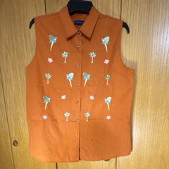 Karen Scott Orange Embroidered Button-Up Collared Sleeveless Blouse L