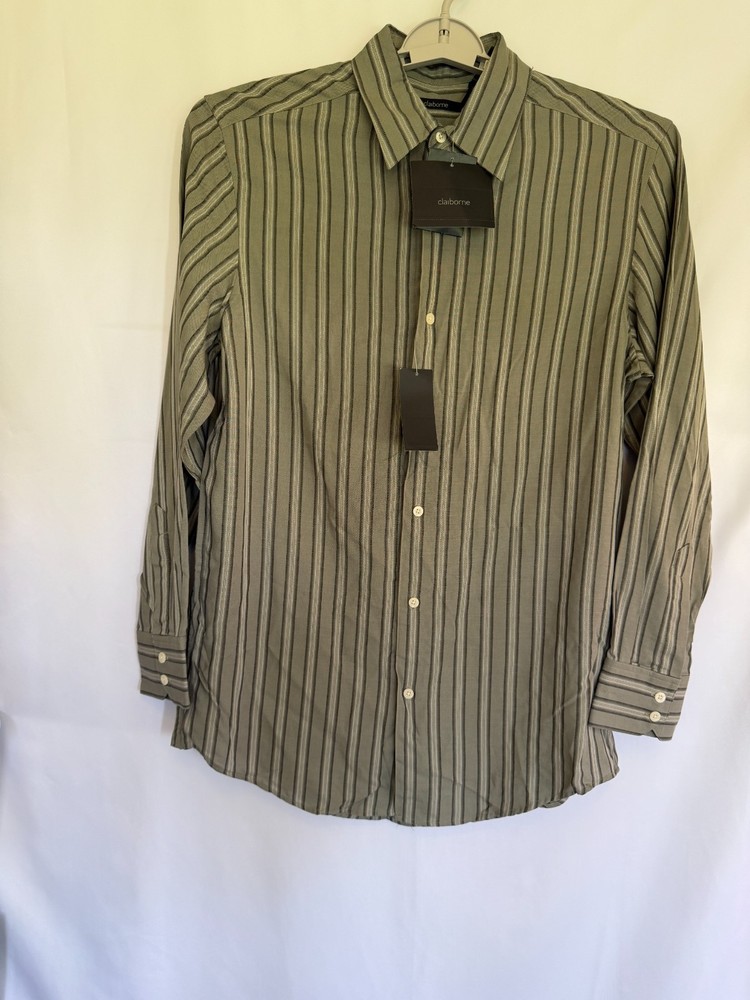 New Claiborne Mens M Medium Green Striped Button Up Long Sleeve Shirt 331