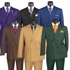 Black Vinci Men’s Wool Feel 6 Button Striped Double Breasted Classic Fit Suit