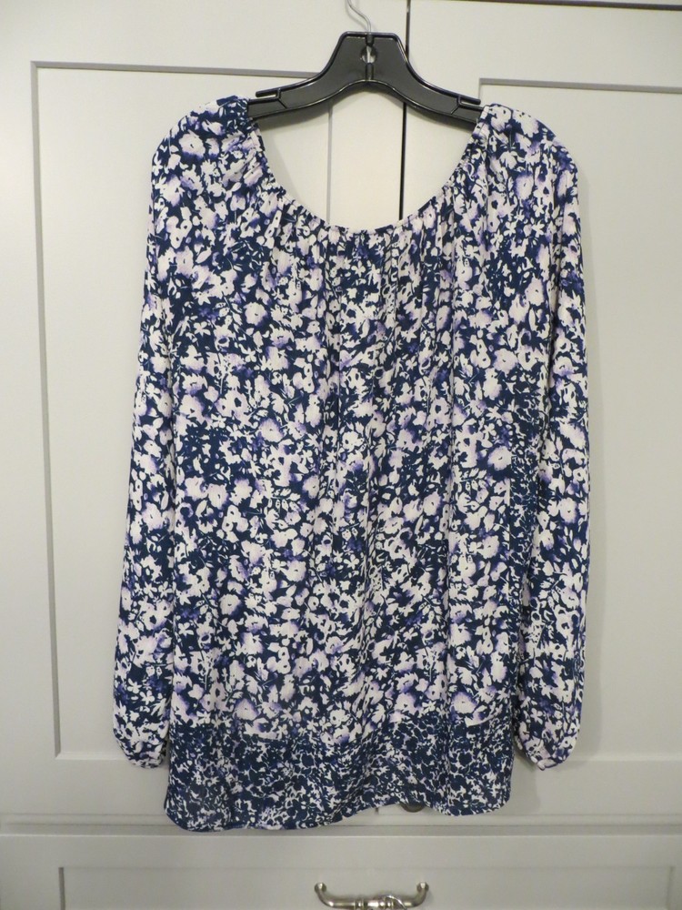 Chaps Blue / White Blouse Elastic Neck and Sleeves Floral Boho