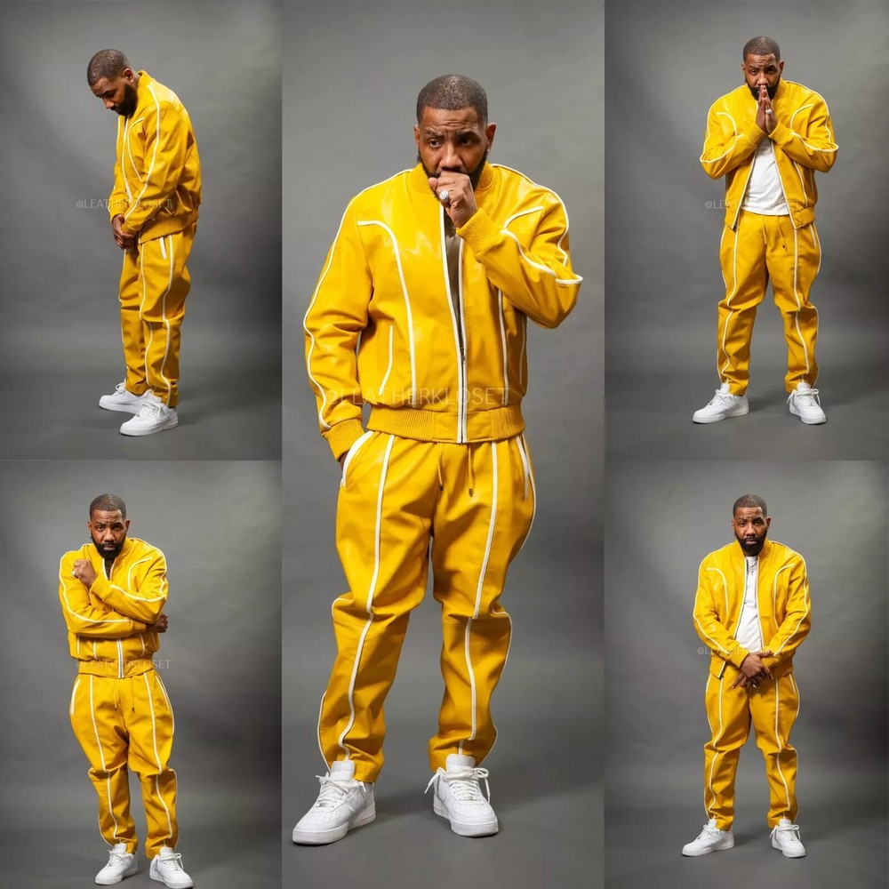 Men’s Leather Track Suit Sweat suit Yellow & White Jogging Tracksuit