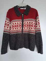 Size M, heavier weight zip sweater in red, gray, beige by Croft & Barrow. Good